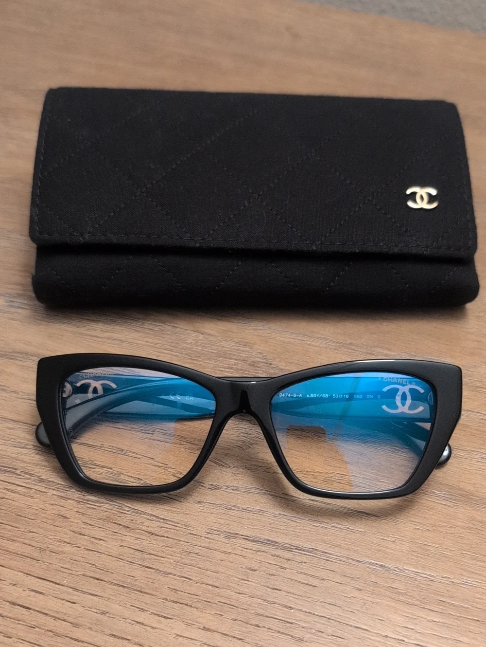 CHANEL Black Cat-Eye Glasses with Blue Light Optical Lenses
